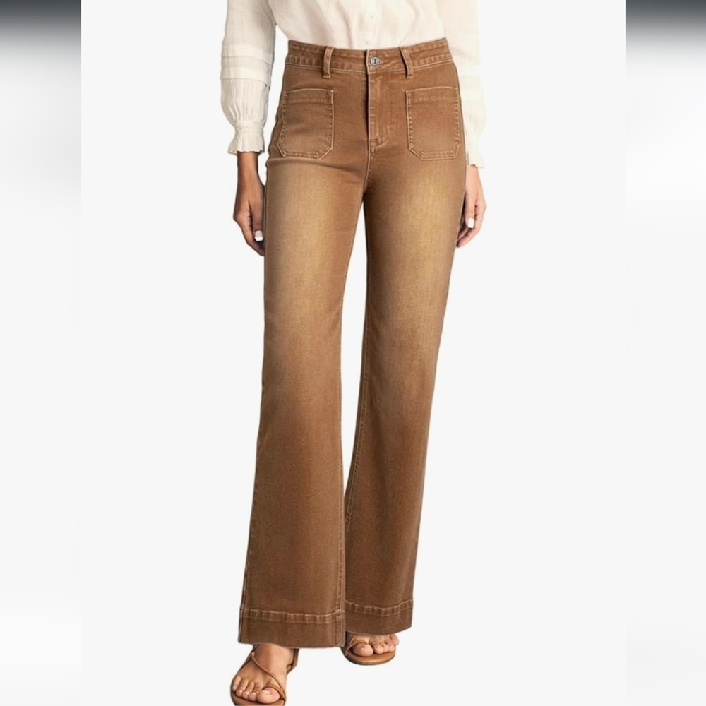 NWOT Astylish Wide Leg Patch Pocket Jeans-Brown